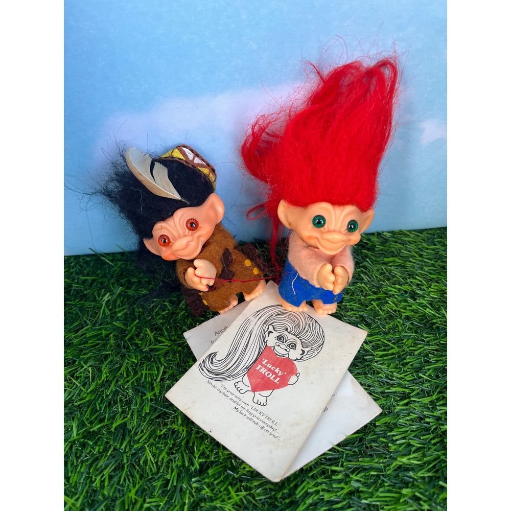 Vintage 1982 Koalaime Lucky Troll Dolls Set of 2 Red Black Hair T.I. Hawaii Inc